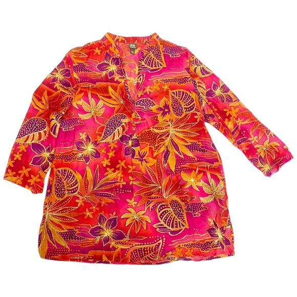 Boo Gemes cotton silk floral Hawaiian thin tunic blouse colorful cruise size L - Picture 1 of 12